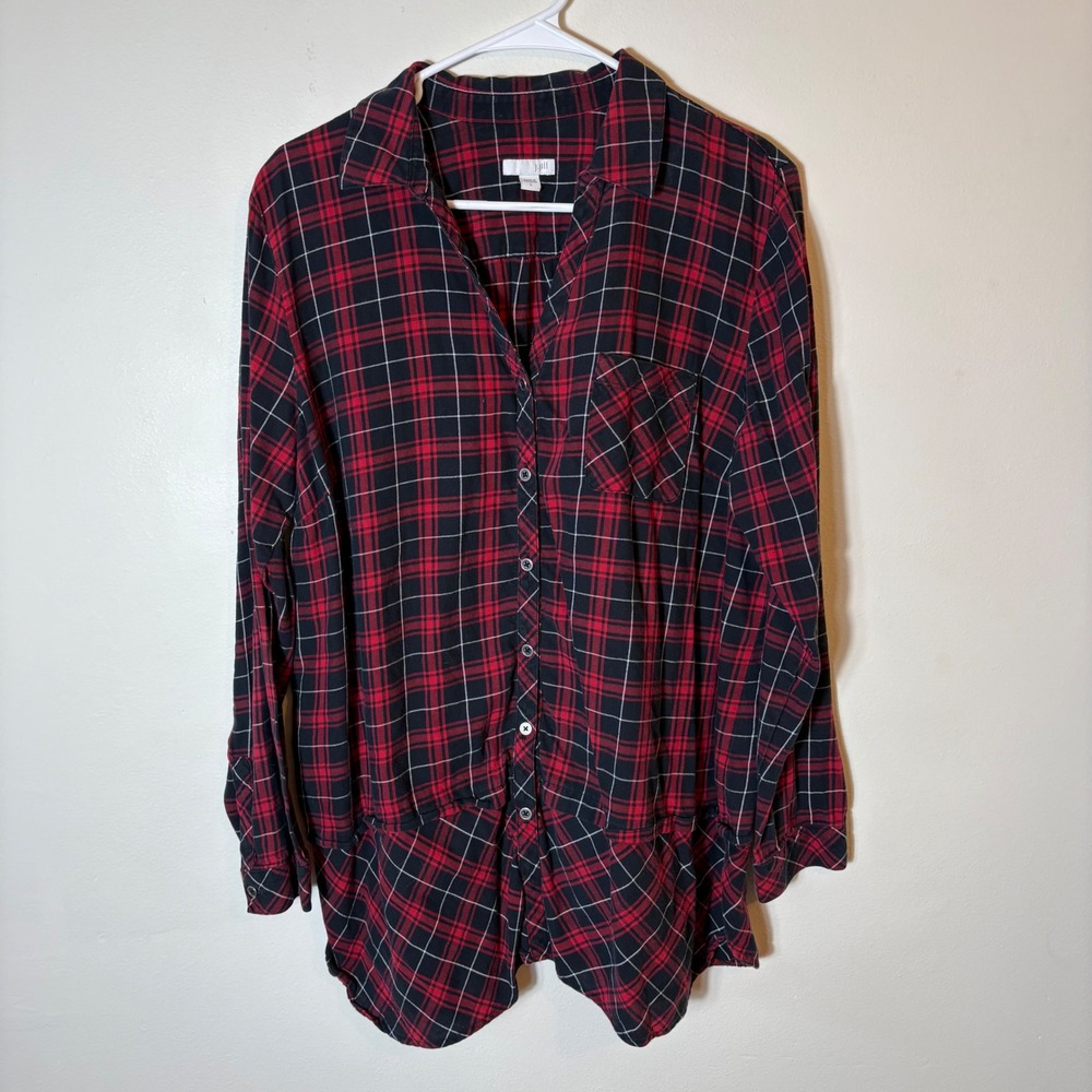 J. Jill Plaid‎ Tunic Top Button Front Shirt Long Sleeve Red Black Large
